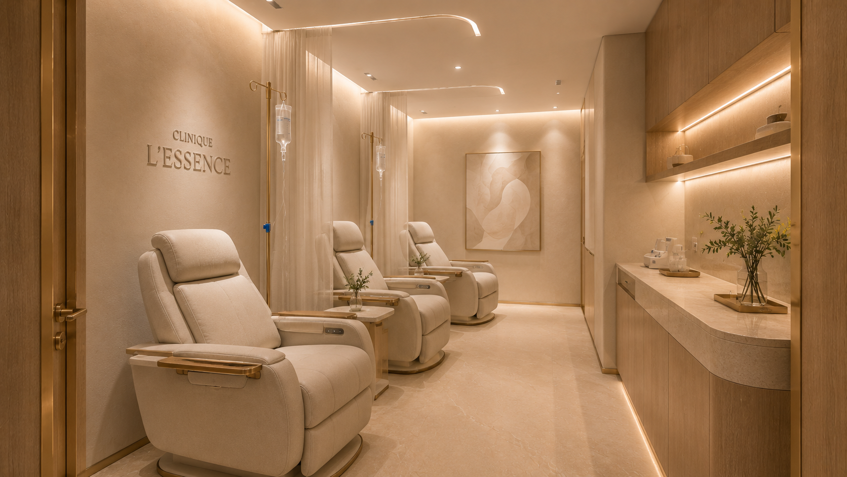 Sala de infusão da clínica com poltronas claras, cortinas translúcidas e detalhes em latão